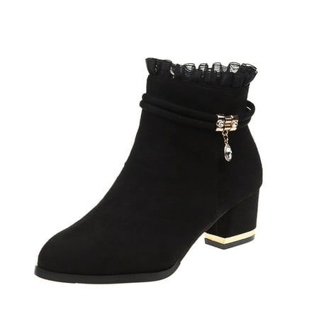 

hopeusnice Women s Ankle Boots Chunky Block Low Heel Vintage Tie Knot Booties Shoes with Side Zipper Fashion Comfortable Fall Winter Shoes Black 37