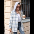 thumbnail image 4 of Chaqueta de Larga con Capucha A Cuadros para Mujer, Camisa Informal de Otoño con Botones y Cordón, y Bolsillos. Azul S, 4 of 10