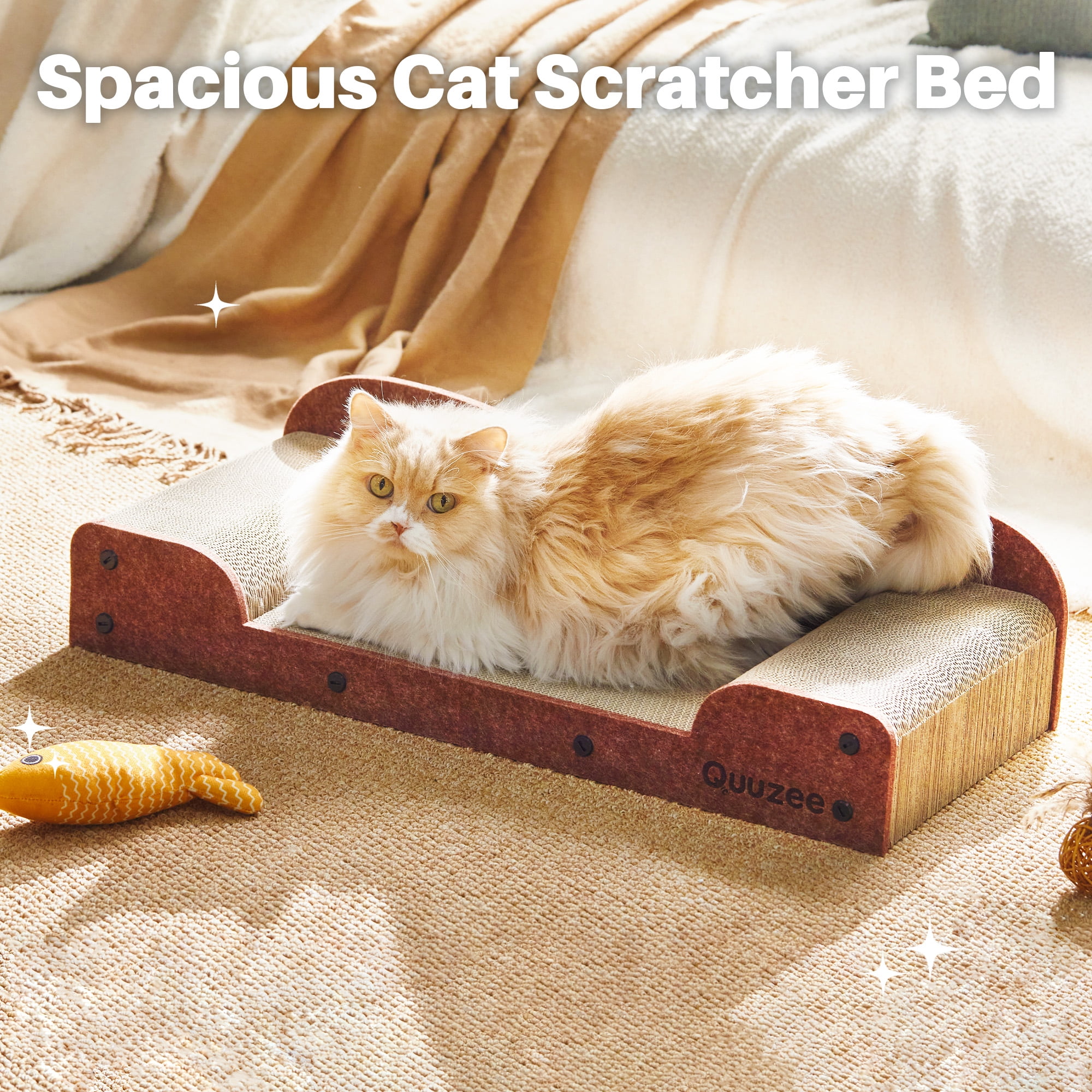 Quuzee 26-Inch Large Cat Scratcher Lounger Bed, Durable Cat Scratching Pad, Cat Scratch Board for Indoor Cats, Corrugated Cardboard Cat Scratcher Bed to Lounge and Scratch, Furniture Protector, Brown