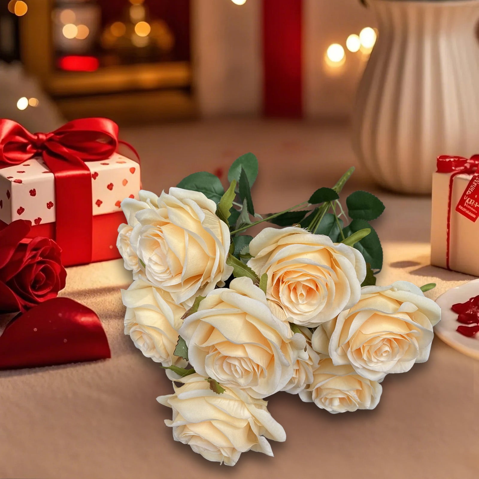 FXMLRLK Artificial Roses Flowers, 9 Heads Realistic Long Stem Fake Roses Faux Silk Flowers for DIY Bouquets Wedding Centerpieces Arrangements Home Party Decor, 1-White
