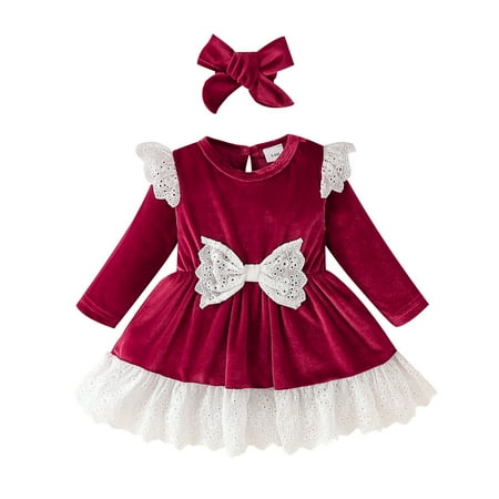 

QYZEU Toddler Dress Dresses With Flowers On Them Toddler Girls Long Sleeve Ruffles Bowknot Dresses Princess Dress Headbands Set