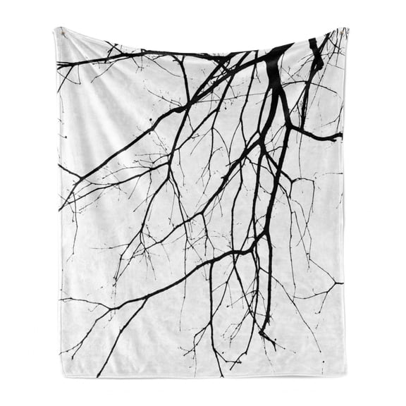 Black and White Soft Flannel Fleece Blanket, Macro Leafless Winter Tree Branches Idyllic Twigs of Oak Nature Print, Cozy Plush for Indoor and Outdoor Use, 50" x 60", Black and White, by Ambesonne