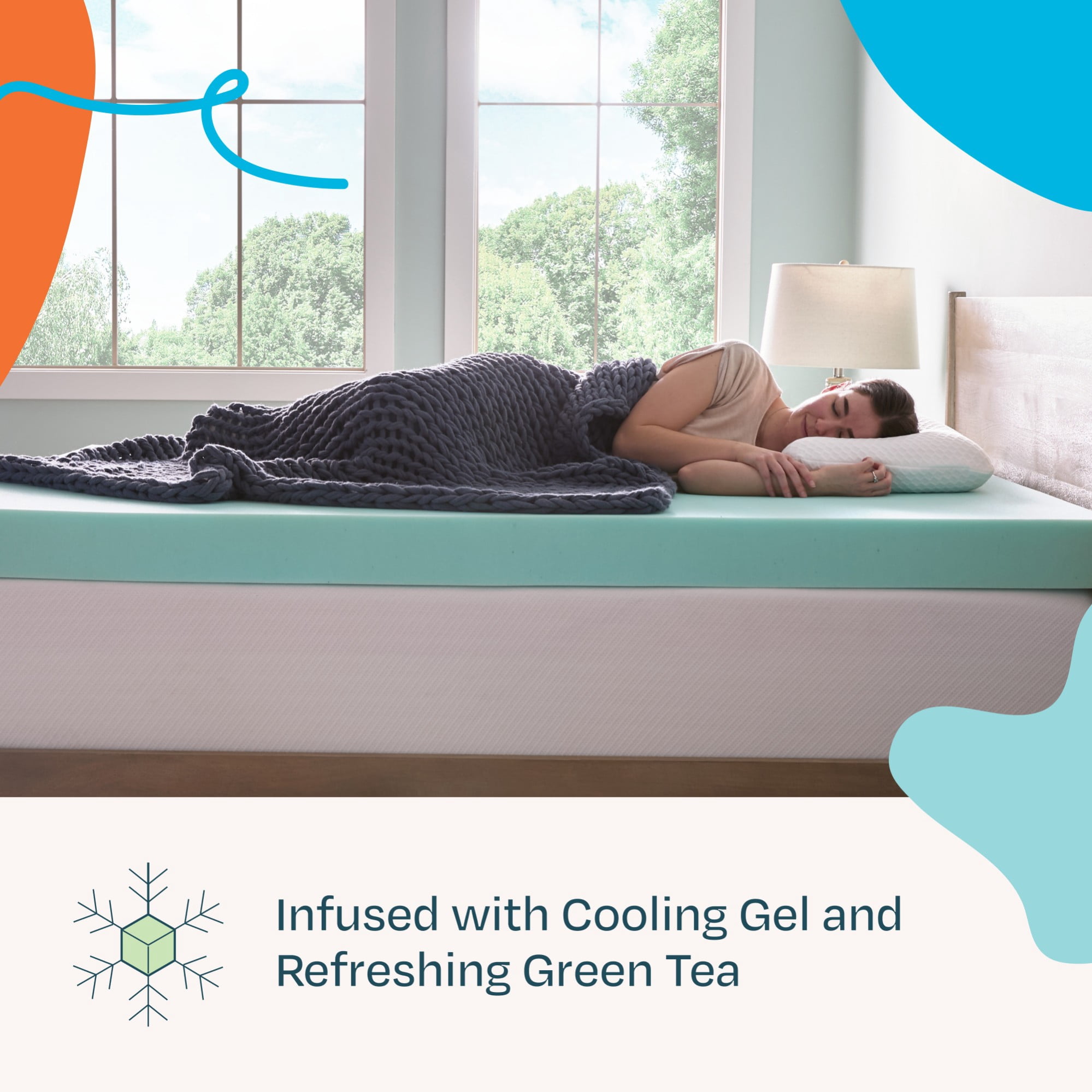 Linenspa 4" Cooling Gel and Green Tea Infused Memory Foam Mattress Topper, Twin
