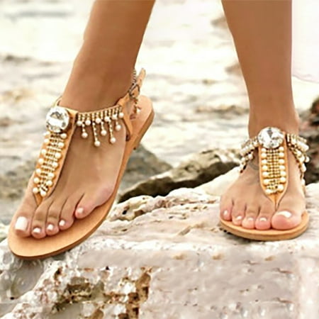 

NECHOLOGY Report Sandals for Women Women s Foreign Trade Large Size Retro Bohemian Pearl Rhinestone Sandals Wide Width for Women Gold 9