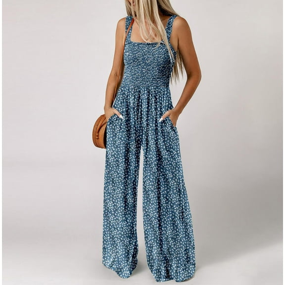 Yuwull Women'S Casual Loose Sleeveless Rompers Jumpsuit Wide Leg Pants Boho Floral One Piece Pants Hawaii Beach Vacation Jumpsuit