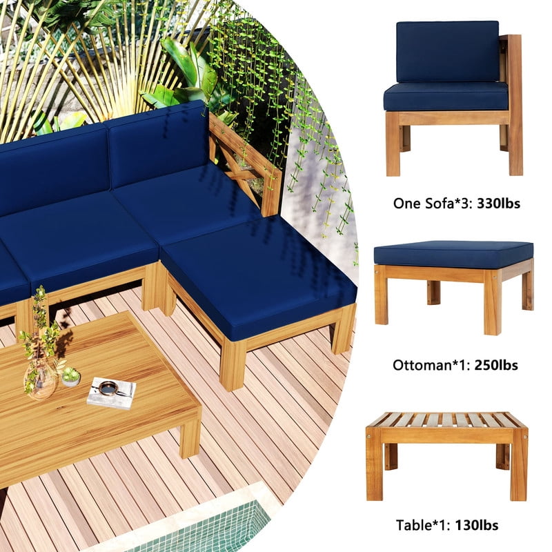 5-Piece Solid Wood Outdoor Sectional Sofa Set with Ottoman, Patio Furniture Set with Cushions, Outdoor Seating Group Set with Coffee Table