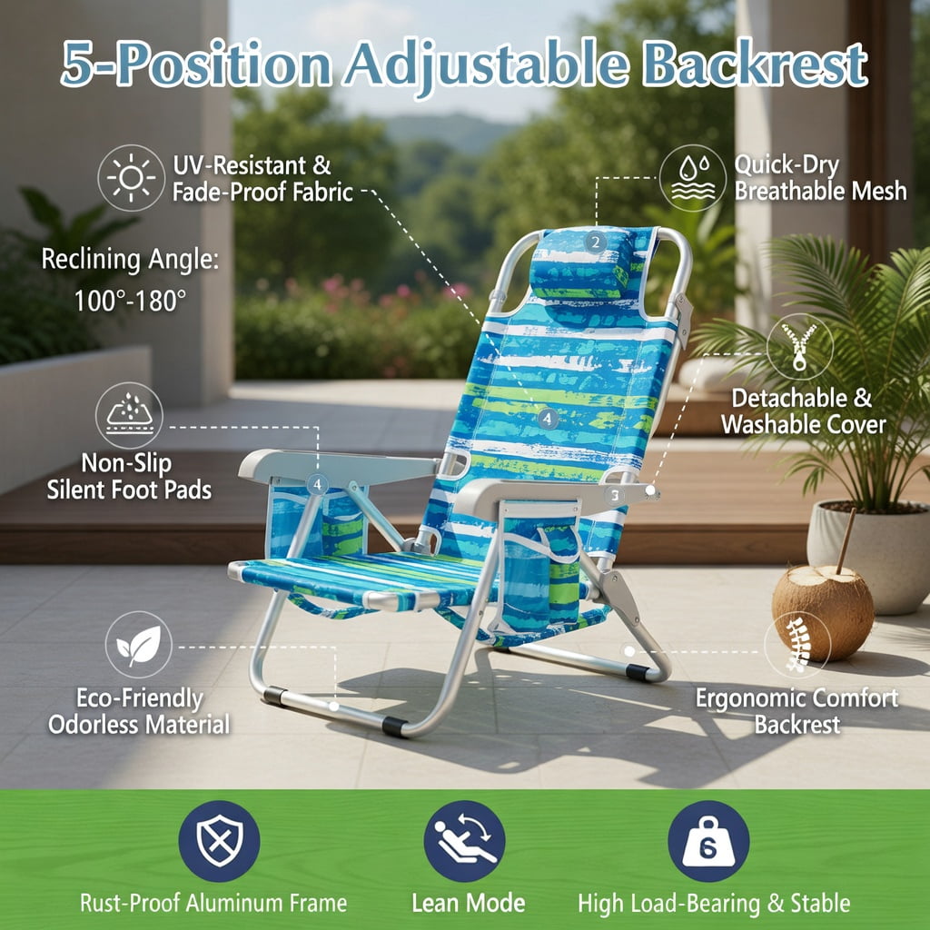 Hommoo Foldable Beach Chair with 5-Position Reclining Backrest, Cup Holder & Storage Pockets, Lightweight Aluminum Frame, Waterproof 600D Oxford Fabric, Blue & Green