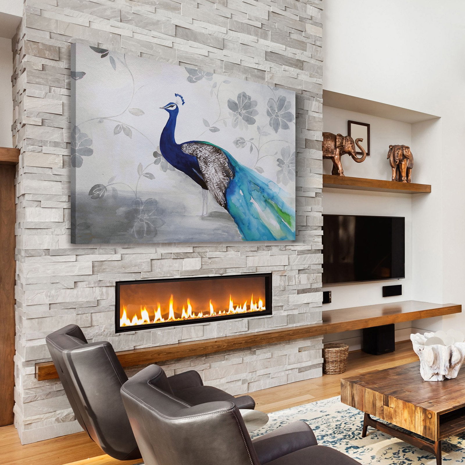 Marmont Hill "Peacock Fable Cool" by Christine Lindstrom Painting Print on Wrapped Canvas