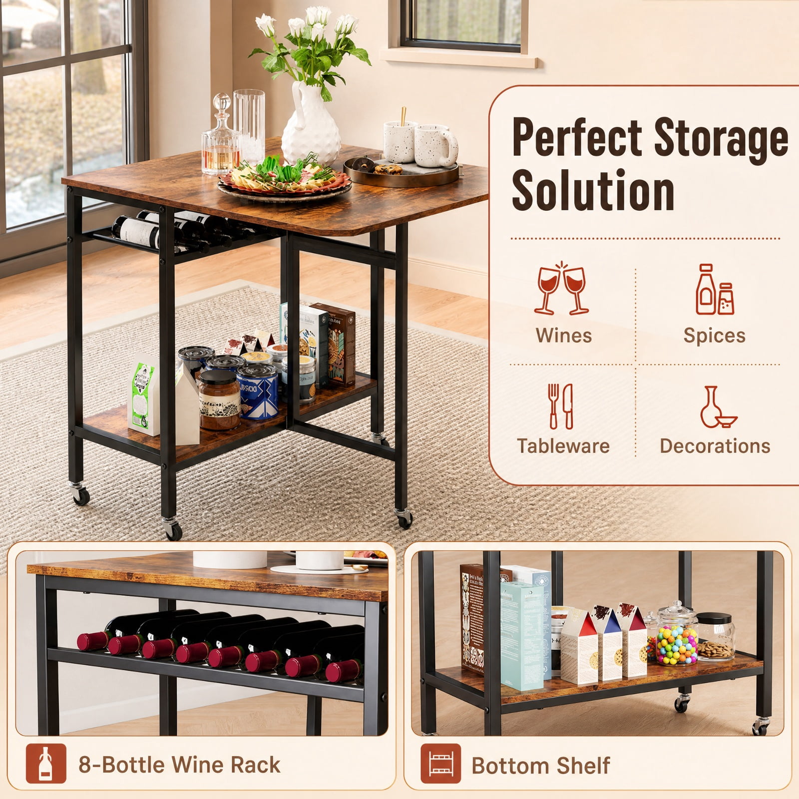 Furnibear Folding Dining Table with Expandable Laptop with Wine Rack and Wheels for Kitchen Dining Room Breakfast Nook Small Space Home, Rustic Brown
