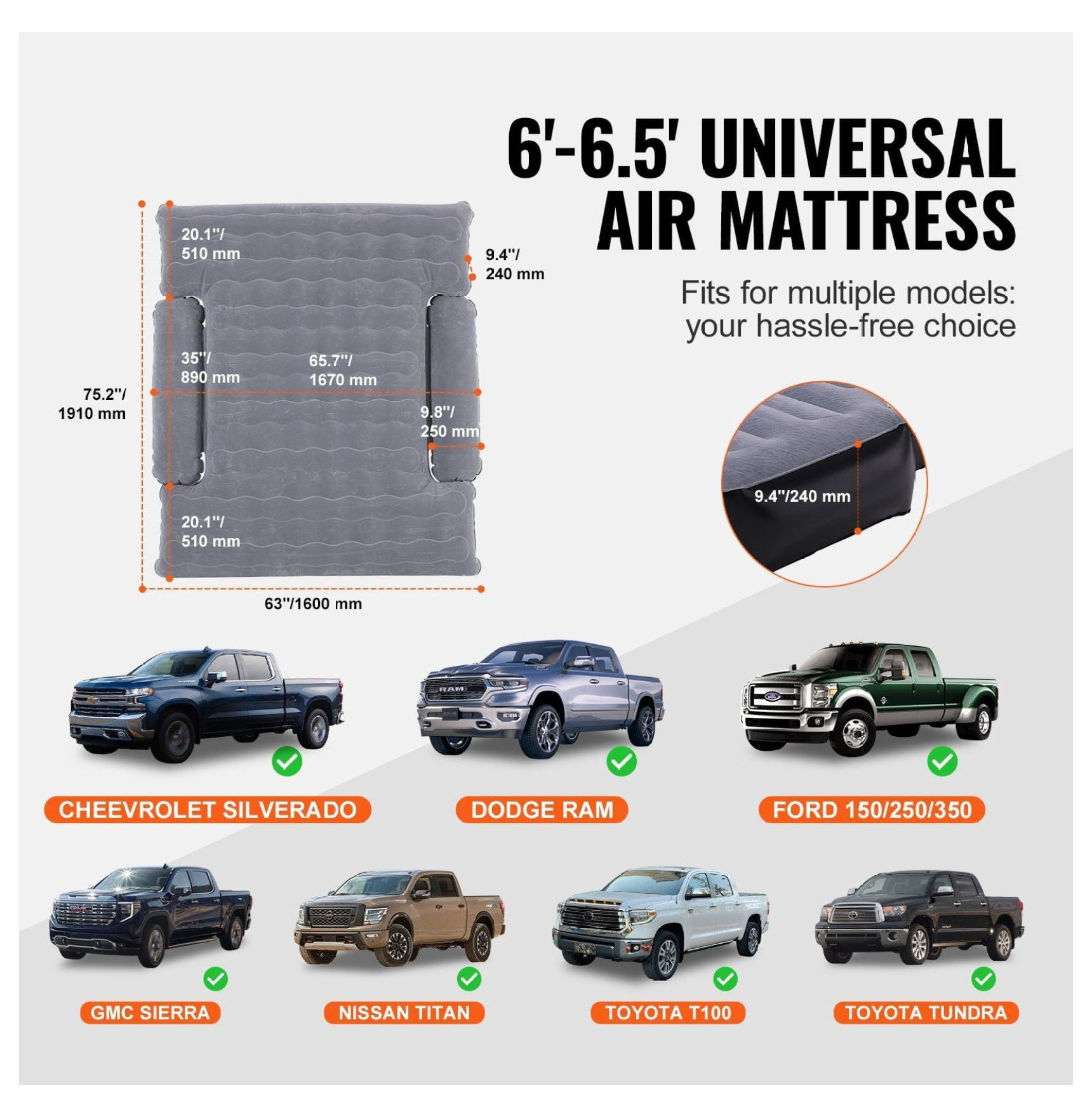 Truck Bed Air Mattress 6-6.5ft, Full Size, with 12V Pump & 2 Pillows