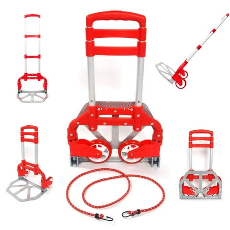 Luggage Carts With Net Portable Two-Wheeled Aluminium Cart Folding Dolly Push Truck Hand Collapsible Trolley Luggage Heavy Carry Shopping Travel Casual Handcart Red ()