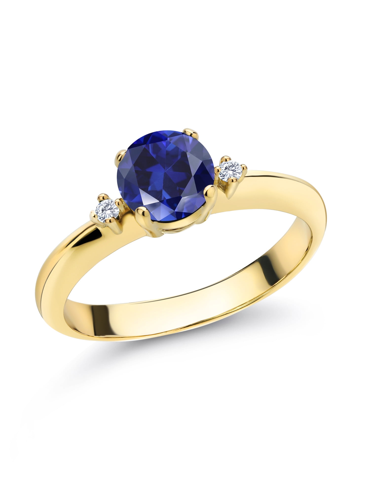 Gem Stone King 1.03 Ct Blue Created Sapphire G/H Lab Grown Diamond 18K  Yellow Gold Plated Silver 3-Stone Engagement Ring