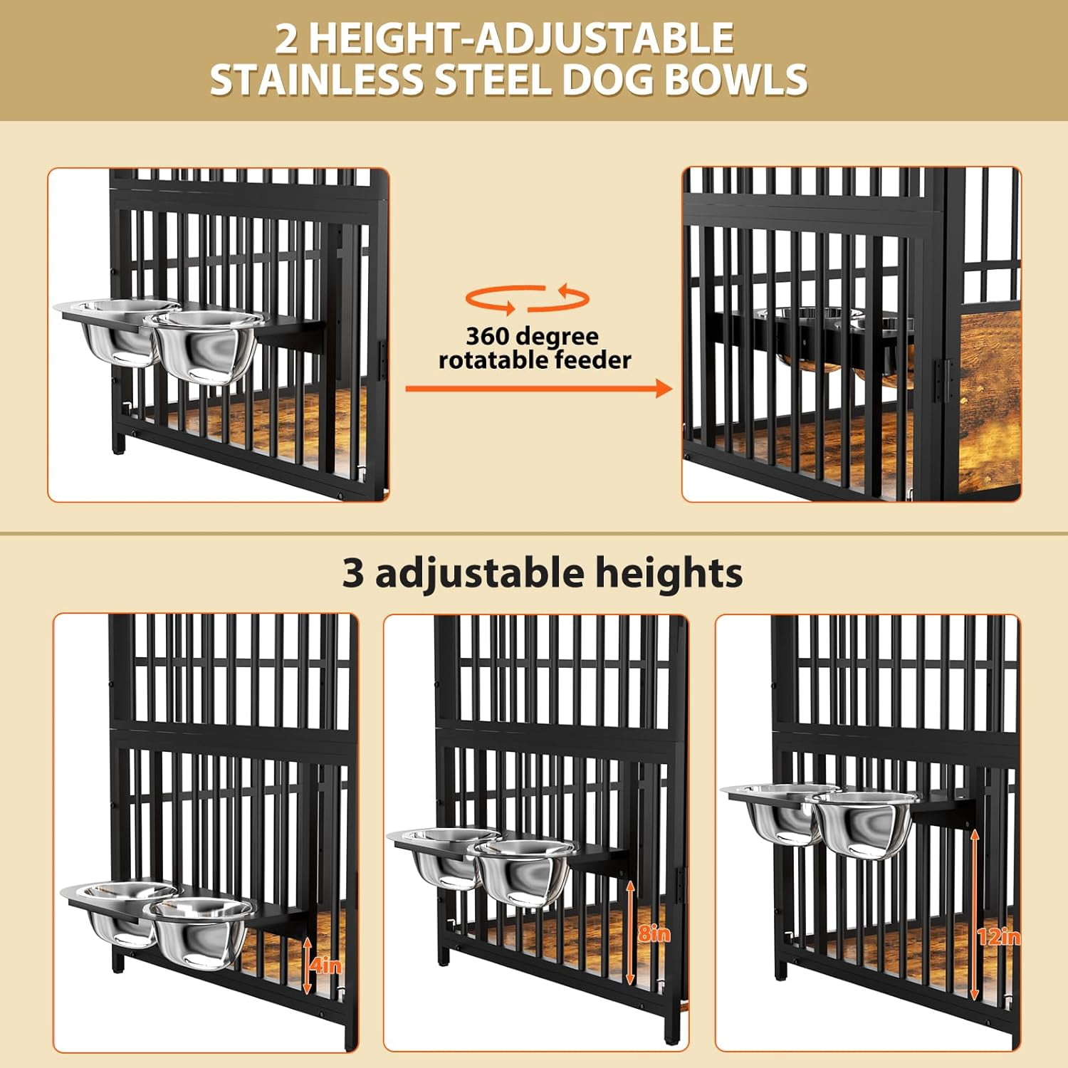 41" Dog Crate Furniture with Adjustable Bowls, Indoor Furniture Style Wooden Dog Kennel, Decorative Dog Cage End Table for Small, Medium Dogs, Brown