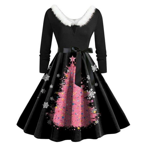 felwors Christmas Dresses for Women Long Sleeve Pleated Prom Hepburn Dresses with Belt Winter Party Cocktail Dress Black, XL