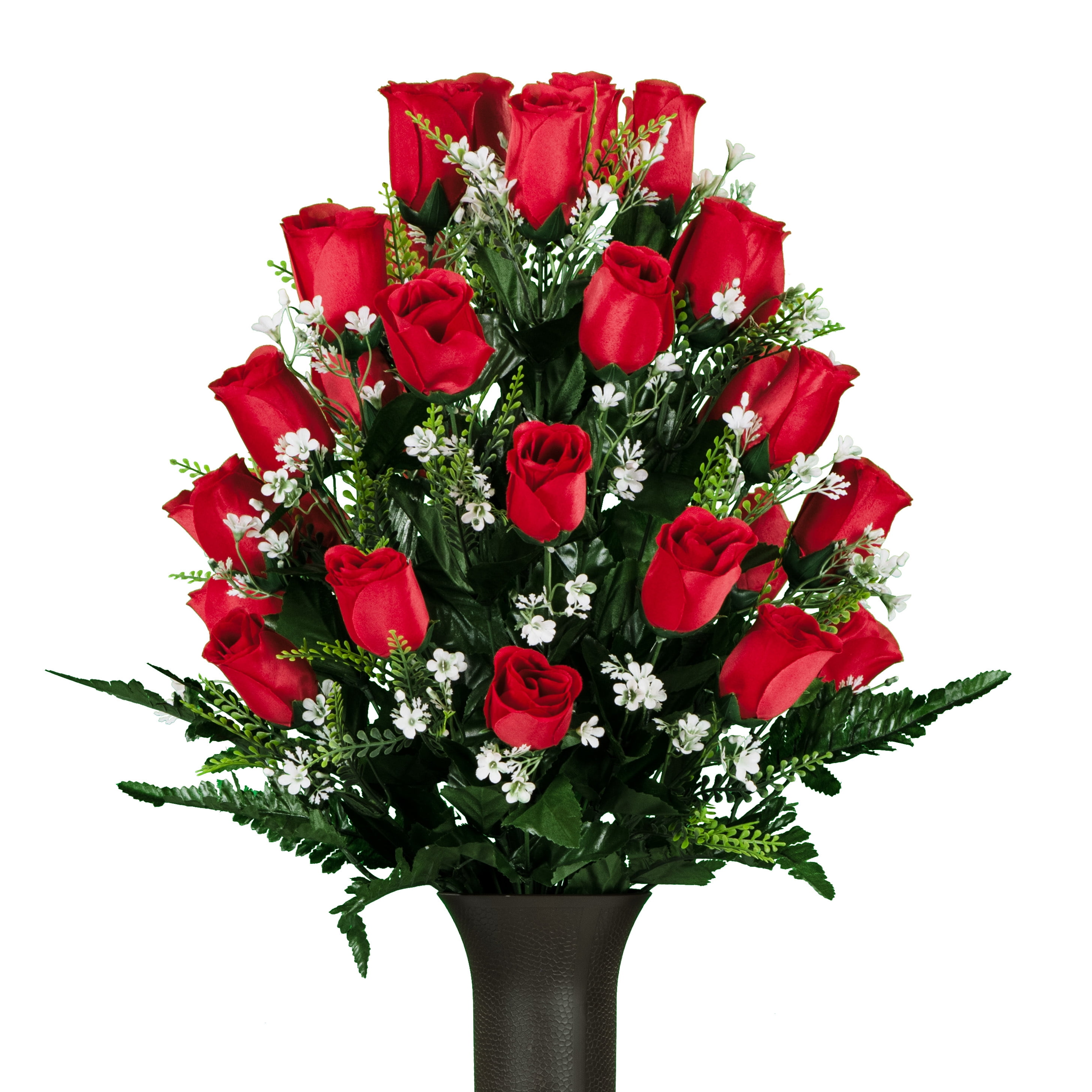 Sympathy Silks Artificial Cemetery Flowers 24" Red Roses Bouquet for an Outdoor Cemetery Vase
