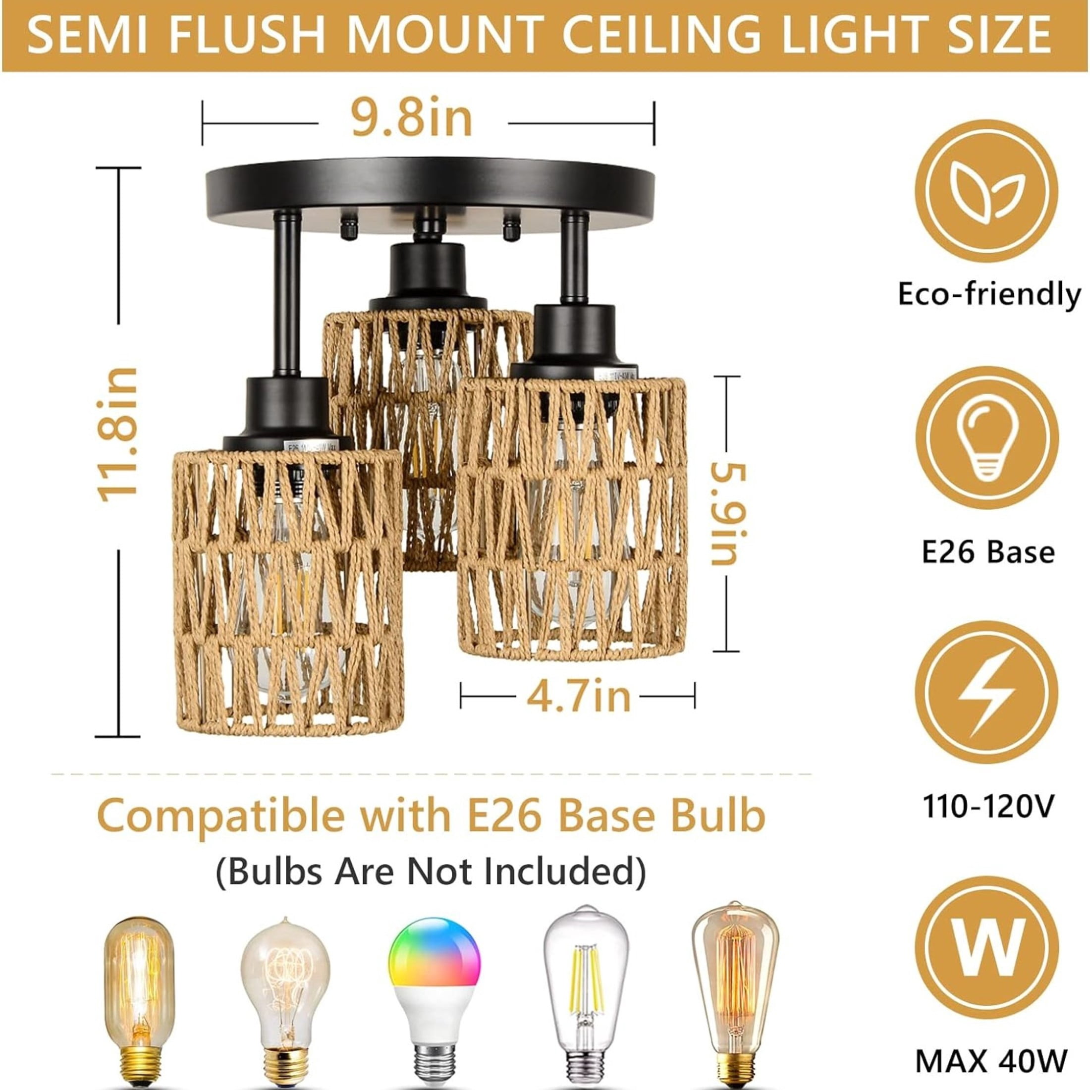 Noble House 10.6" Modern 3-Light Semi Flush Mount Ceiling Light, Hand-Woven Rattan, E26 Dimmable Boho Fixture, Brown