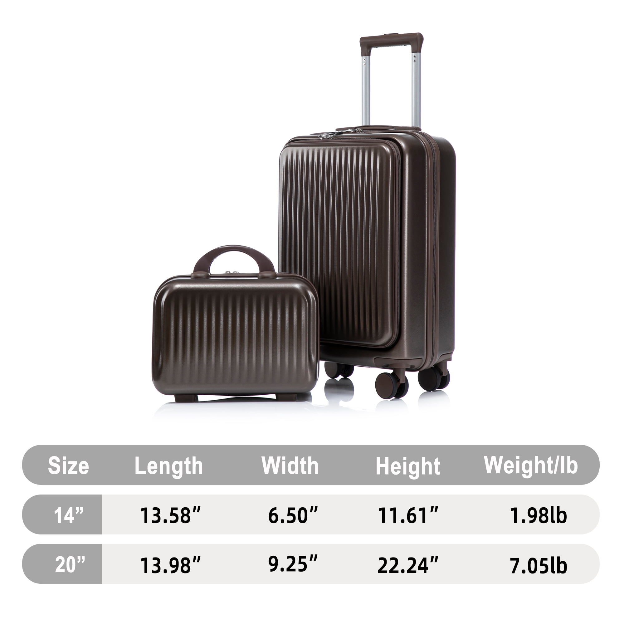 Alvantor 2 Piece Spinner Luggage Set, ABS Hardshell Front Opening Suitcase Set with Combination Lock and Cosmetic Case,14"/20" Brown