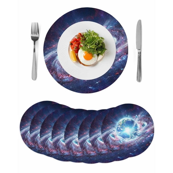 Global Explosion Round 15 Inch Placemats Set of 8, Modern Abstract Art Galaxy Universe HeatResistant Non Slip Place Mats for Dining Table, Wipeable Braided Kitchen Table Mats for Housewarming