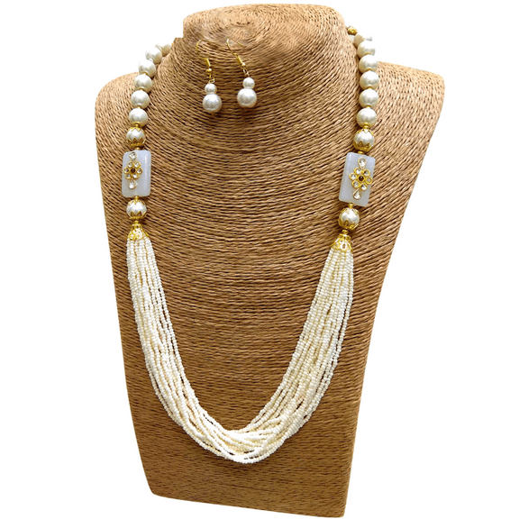 Elegant White Pearl Multi-Strand Beaded Necklace Set with Floral Accents and Matching Earrings for Women