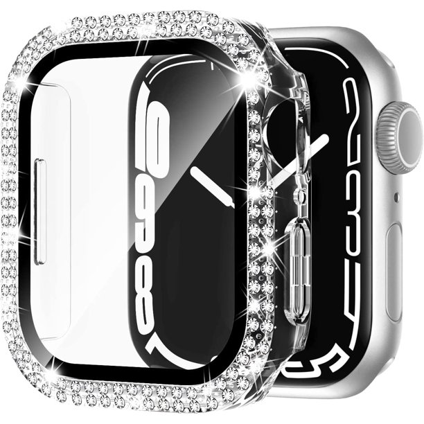 for Apple Watch Case 44mm Series 6/5/4/SE with Tempered Glass Screen Protector, Double Bling Case Crystal Diamonds Rhinestone Bumper Overall Hard PC Slim Protective Cover For iWatch 44mm, Clear