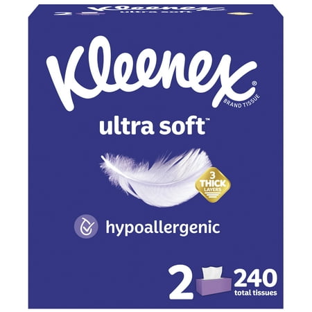 Kleenex Ultra Soft Facial Tissues, 2 Flat Boxes, 120 White Tissues per Box, 3-Ply