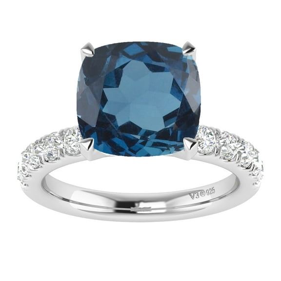 Sterling Silver with Natural London Blue Topaz and White Topaz Solitaire Ring