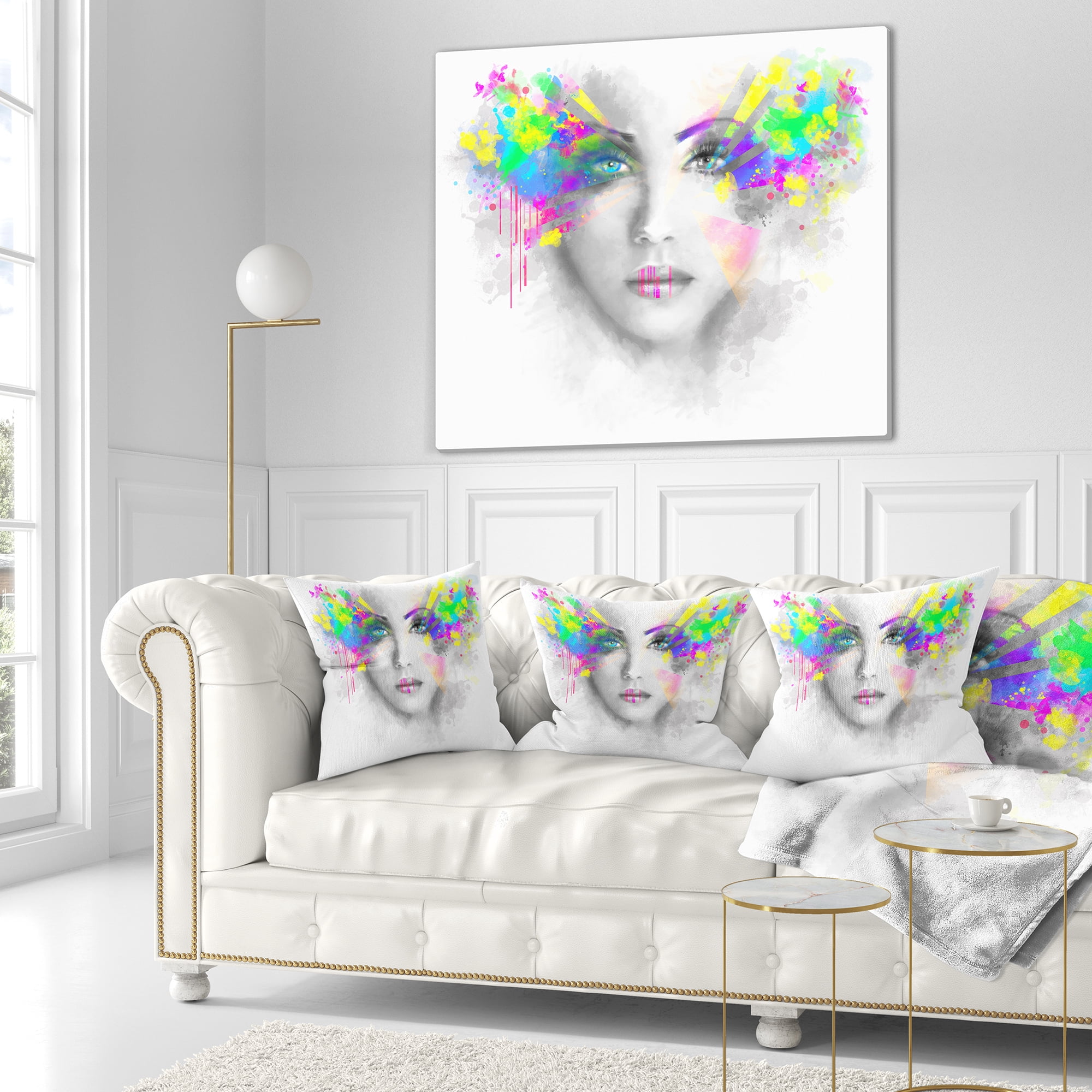 Designart Gray Woman with Green Flowers - Abstract Portrait Throw Pillow - 16x16
