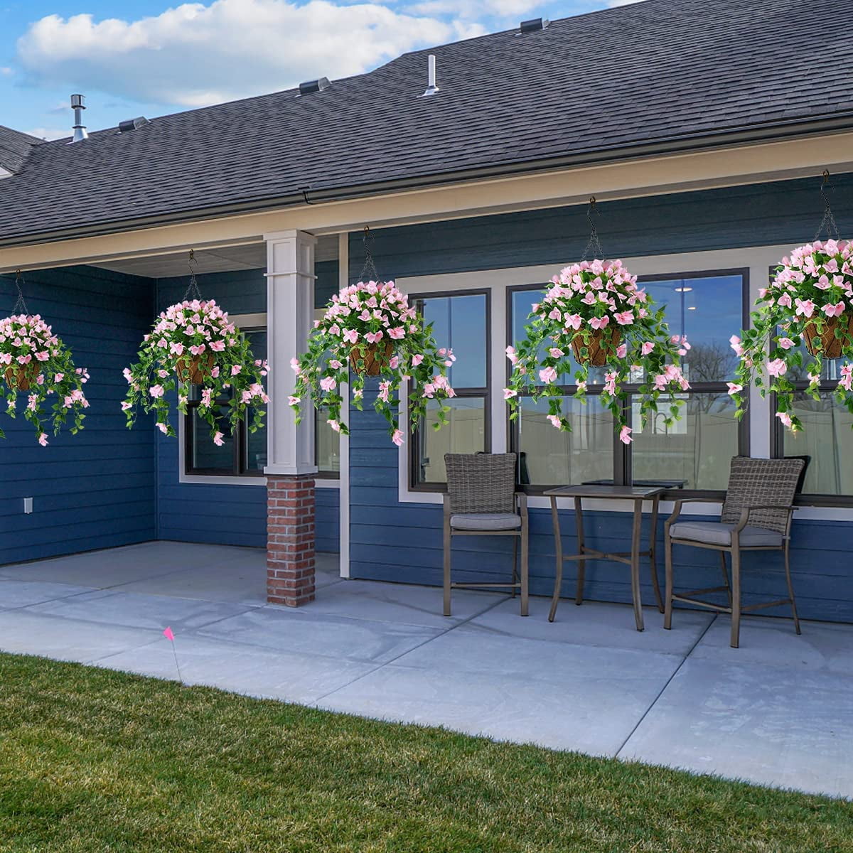 Artificial Flowers Hanging Basket,Bougainvillea Silk Vine Flowers for Outdoor/Indoor, 0Inch Coconut Lining Flower Pot with Hanging Plant for Patio Lawn Garden Decor (Purple)