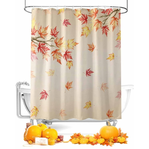 Fall Shower Curtain Orange Maple Leaves Bathroom Curtains with Hooks, Waterproof Fabric Autumn Fallen Leaf Harvest Thanksgiving Bath Shower Curtains Set for Bathroom Bathtubs Decor 72x72 Inch
