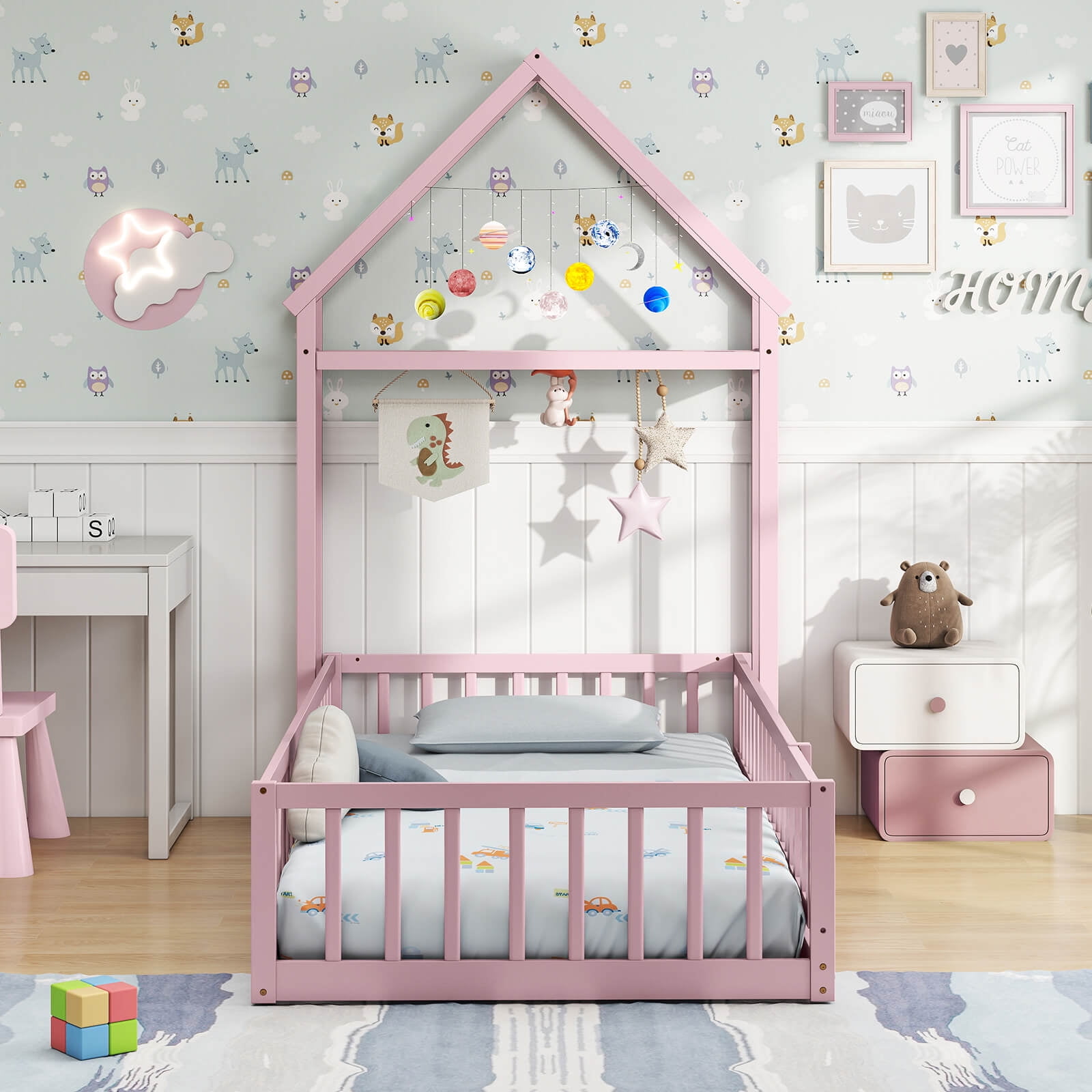 Costway Twin Size House Floor Bed with House-shaped Headboard Clothes Hanger without Slats Pink