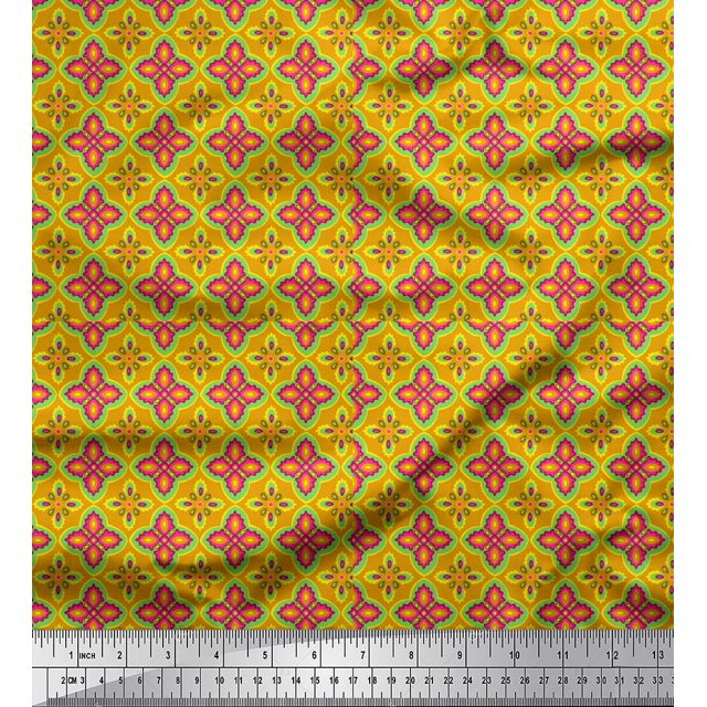 Soimoi Gold Poly Georgette Fabric Moroccan Damask Print Fabric by the Yard 42 Inch Wide