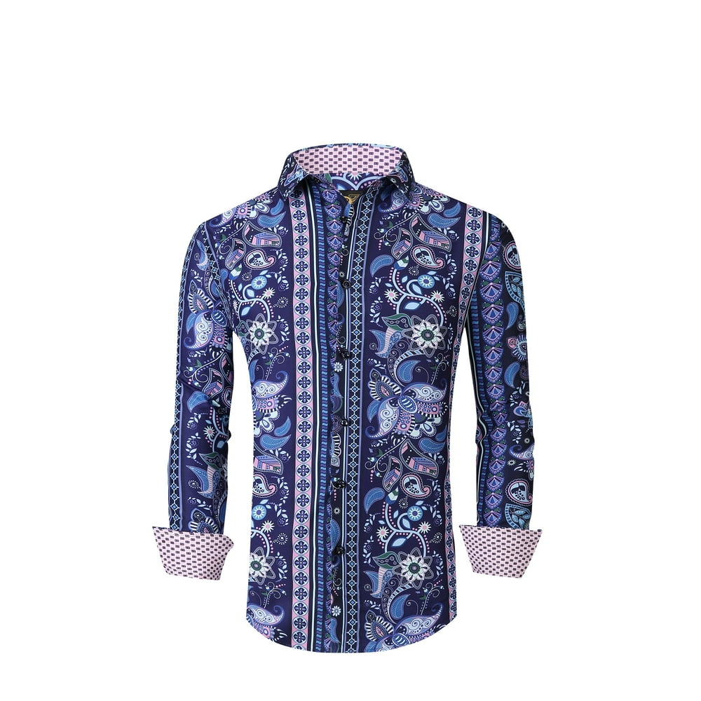 Mens PREMIERE Long Sleeve Button Down Dress Shirt PURPLE BLUE PAISLEY
