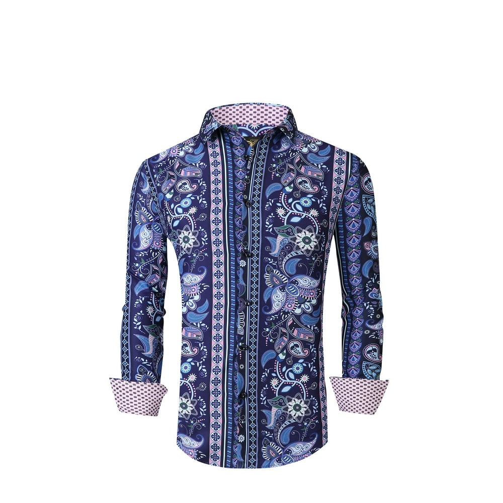 Mens PREMIERE Long Sleeve Button Down Dress Shirt PURPLE BLUE PAISLEY ...