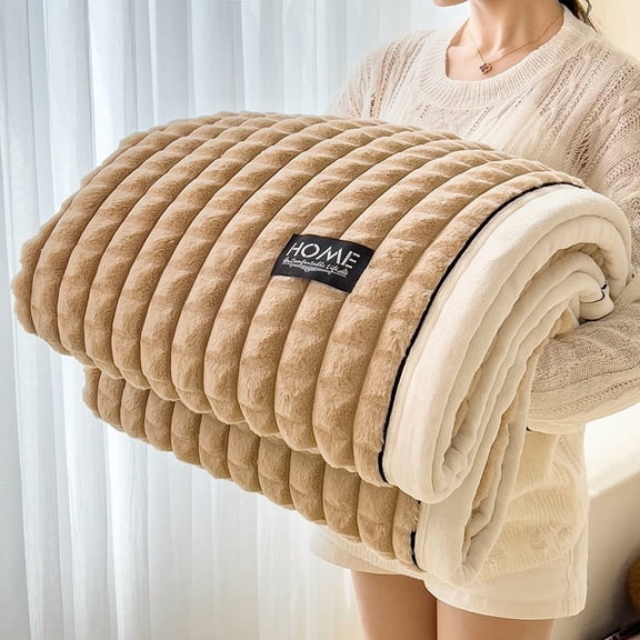 Luxury Double Layer Faux Rabbit Fur Throw Blanket Soft Warm White Striped Office Sofa Blankets and Pillow Cases Fluffy Bed Plaid