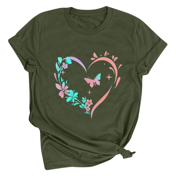 SOOMLON Valentines Day Tops Women Couple Valentines Gift Tunic Short Sleeve Scoop Neck Shirts Funny Heart Print Tshirts Fashion Valentines Clothes 2025 Army Green XL