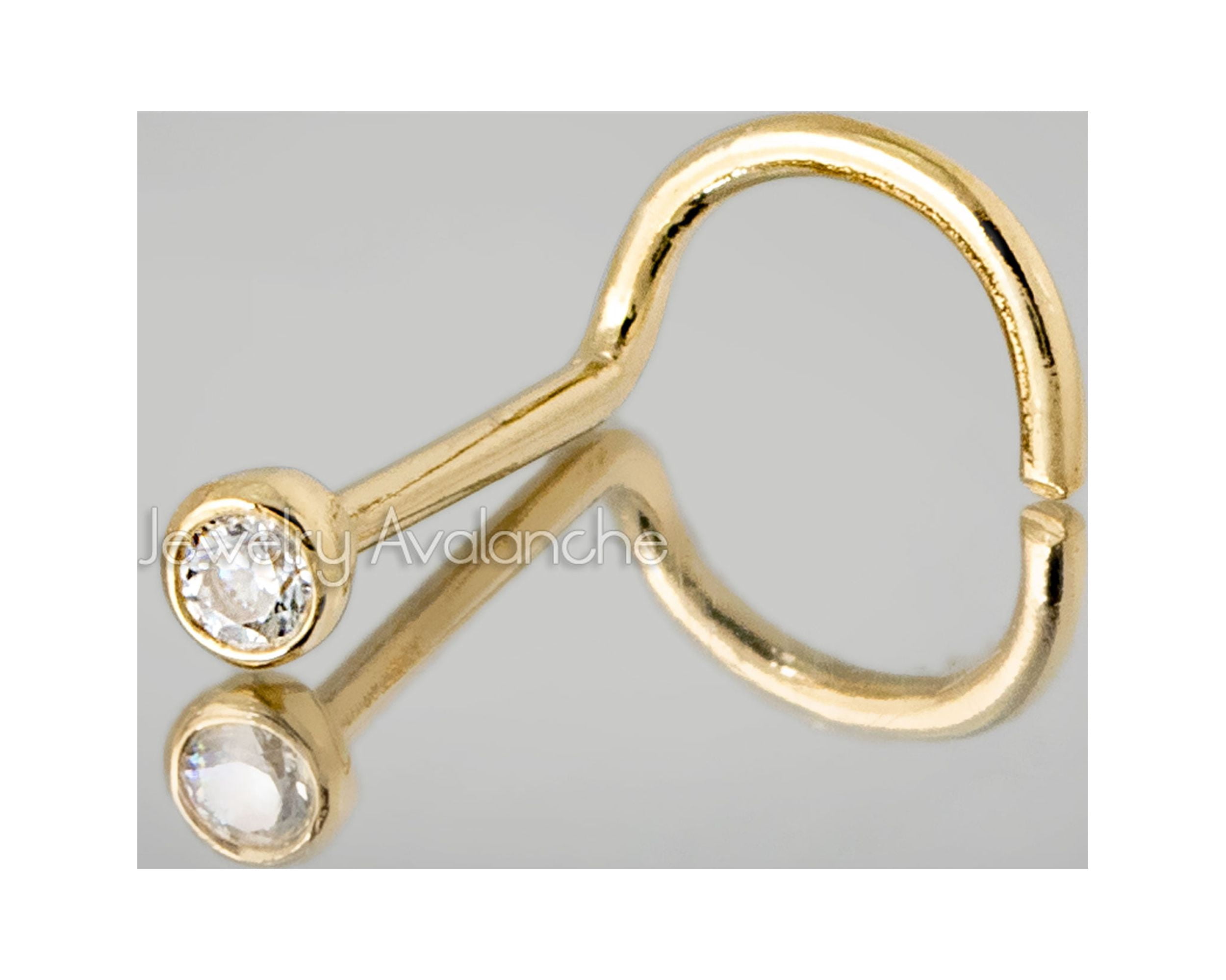14K Solid Yellow Gold Blue Topaz Nose Stud 20 GA - Genuine Stone Twisted Screw Body Jewelry