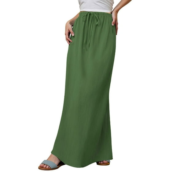 Adeawade Skirts For Women Trendy Winter Boho Long Flowy Skirts Linen Maxi Skirts For Lady Drawstring Waist A Line Skirts Simple Style Sweet Daily Wear Army Green L