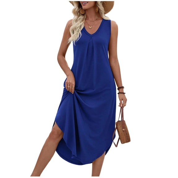 jtjvou Casual Dresses for Women Plus Size Summer V Neck Dress Comfy Sleeveless Dress Soft Curve Hem Sundress with Pockets Blue M