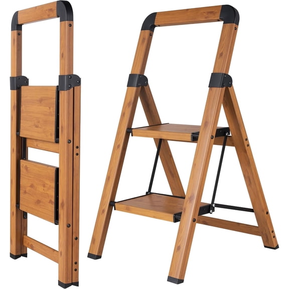 Calmwrd Step Ladder 2-Step Woodgrain Finish Aluminum Folding Step Ladders,Anti-Slip Max 330 lbs