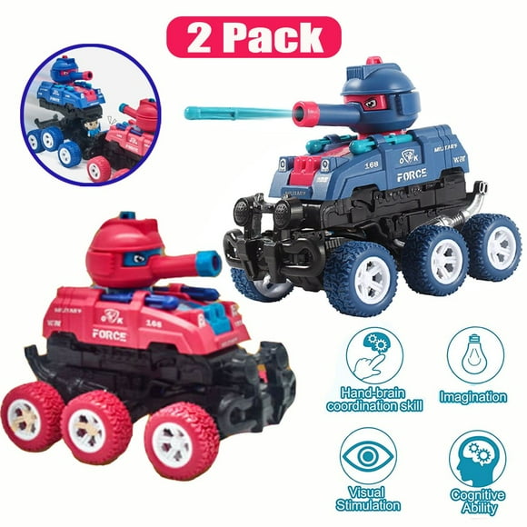 SAYLITA 2 Pack Shooting Tank Car Toy  Collision Deformation Car Tank Can Six-Wheel Inertial Off-Road Vehicle Truck Toys Pull Back Transform Car Best Christmas Birthday Gift for Boys Girls