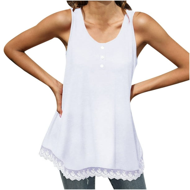 Camiseta sin mangas de verano para mujer con botones de retazos de encaje sólido y cuello redondo Pompotops lopia992580