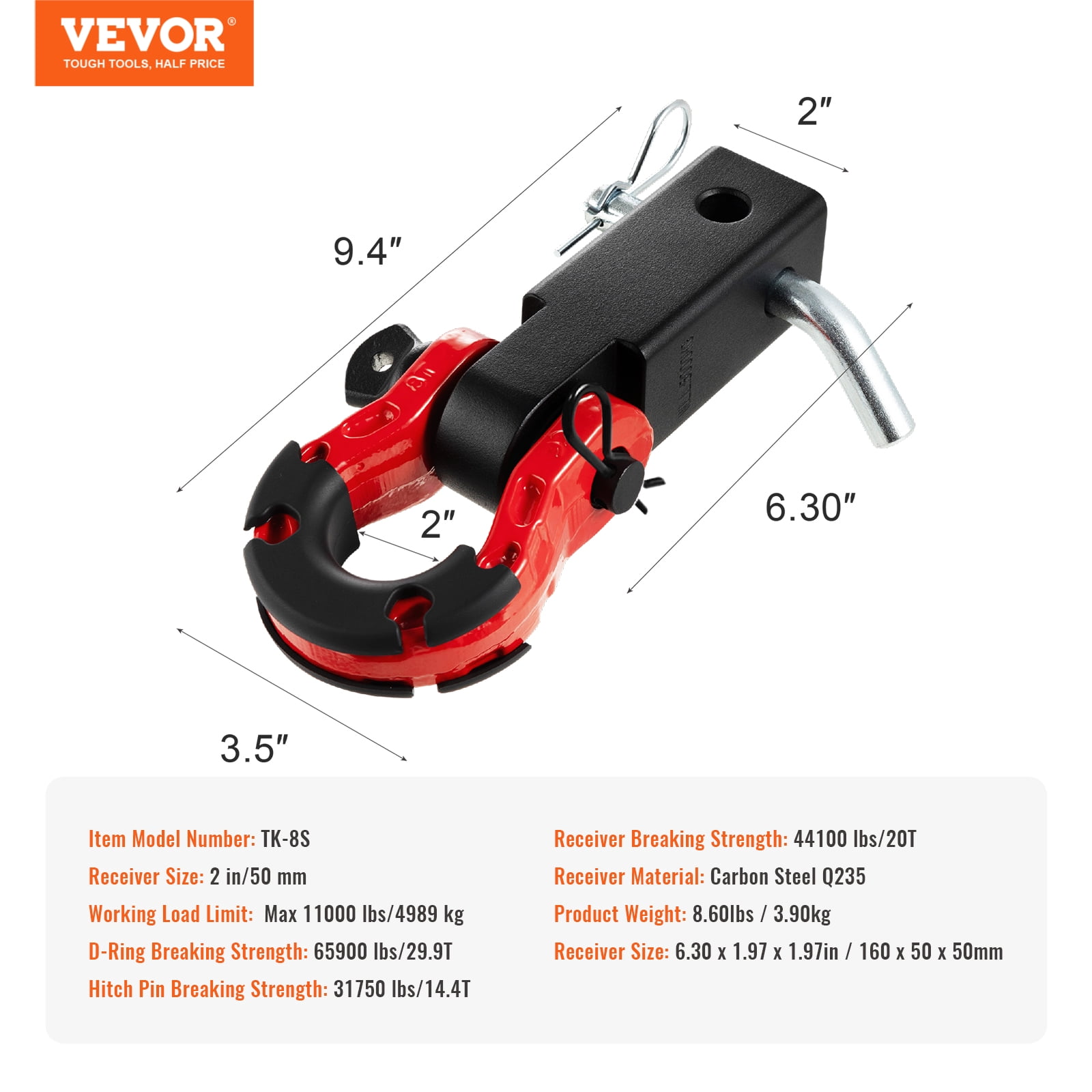 VEVOR Shackle Hitch Receiver, Fits 2" Receivers, 65900 lbs Breaking Strength, D Ring Shackle with Trailer Hitch Lock Pin, Heavy Duty Towing Accessories for Trucks, Jeeps, Off-Road Vehicle Recovery
