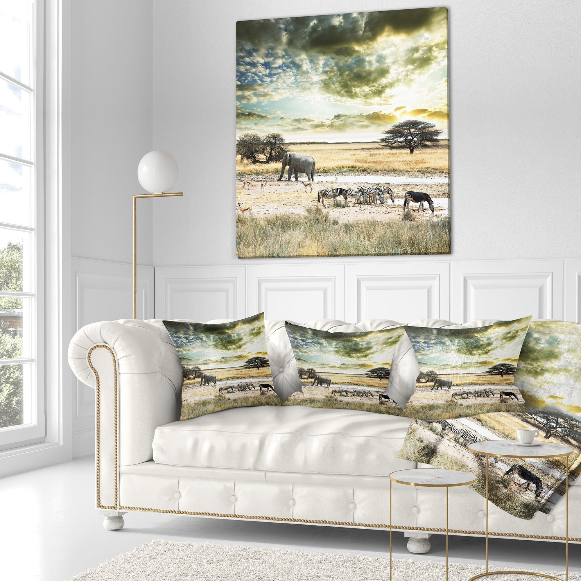 Designart Wild African Zebras and Elephant - African Throw Pillow - 18x18