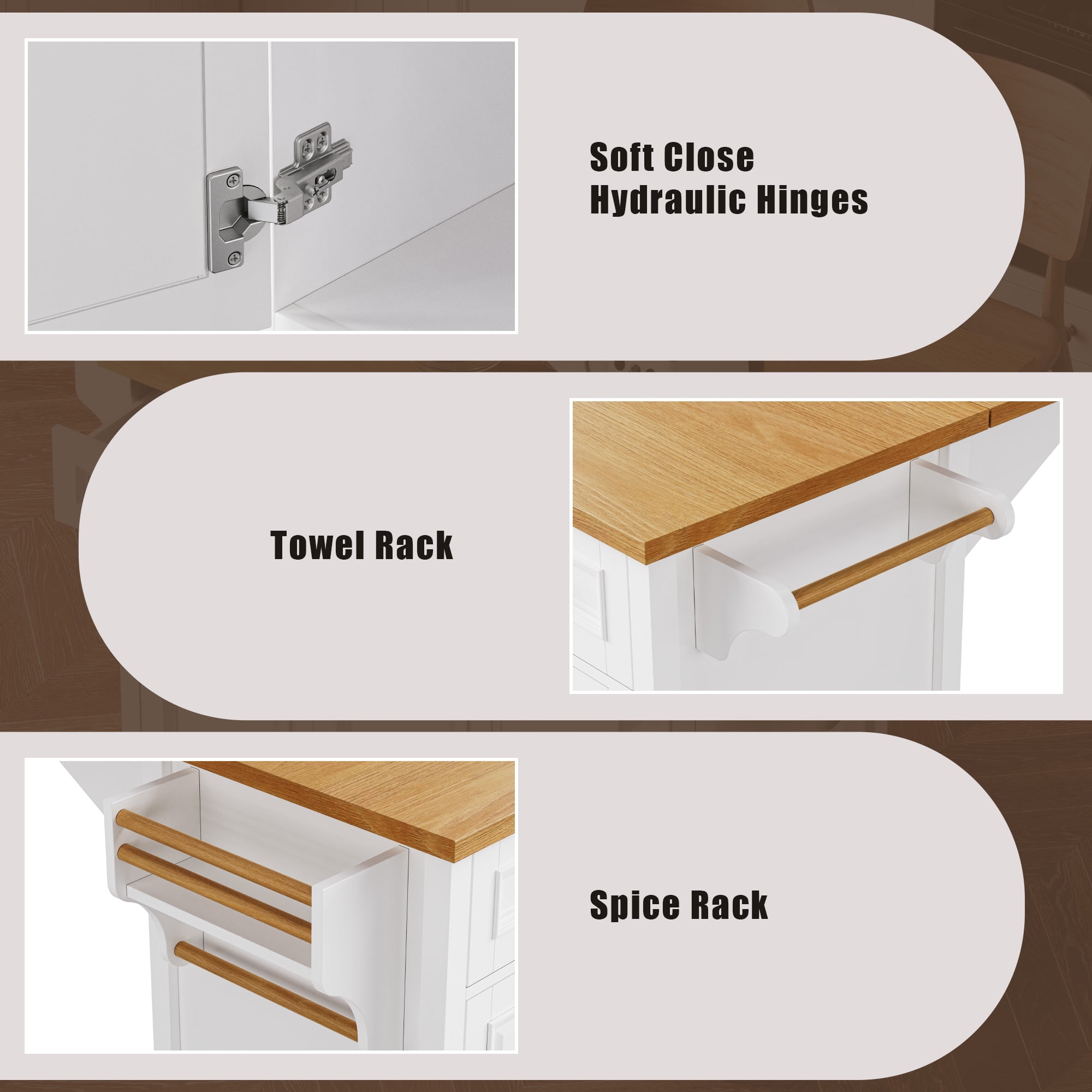 White 52'' Embossed Rolling Kitchen Island with Drop Leaf, 5 Drawers & 2 Doors