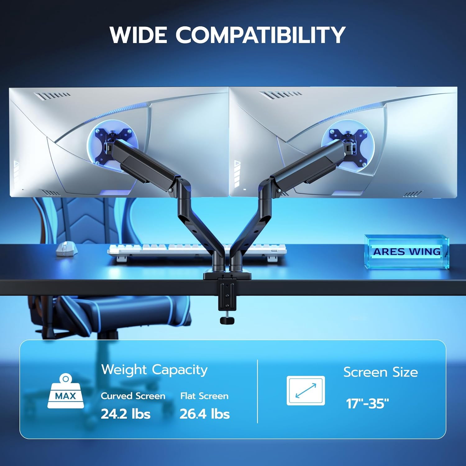 Dual Monitor Mount Heavy Duty Arms for 17-35 Inch Ultrawide Screen Fully Adjustable Desk Stand VESA 75x75 100x100mm Black