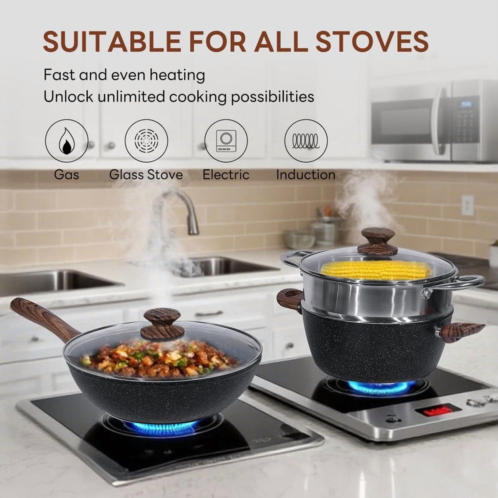 Gianna 17 Pcs Non-Stick Pots and Pans, Non-toxic Kitchen Cooking Set with Stay-Cool Handles, Black