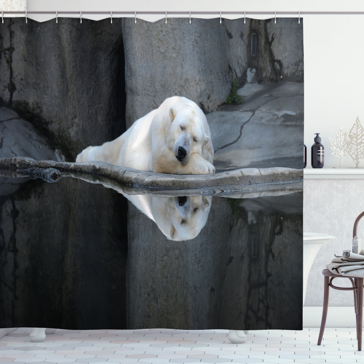 Bear Shower Curtain, Sleeping Cute Polar Bear at the Zoo with Water