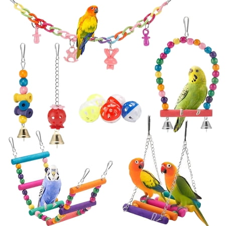 SUSWIM Parakeet Cage Accessories, 11pcs Bird Toy Swing Set for Cage - Colorful Natural Toys Suitable for Parrot Cockatiel Budgie Conure Mynah Lovebird