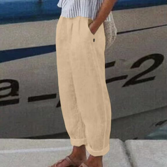 CQONEPT Womens Linen Cotton Pant Lightweight Casual Baggy Pant Elastic Waisted Outdoor Trousers with Pocket Khaki 3XL