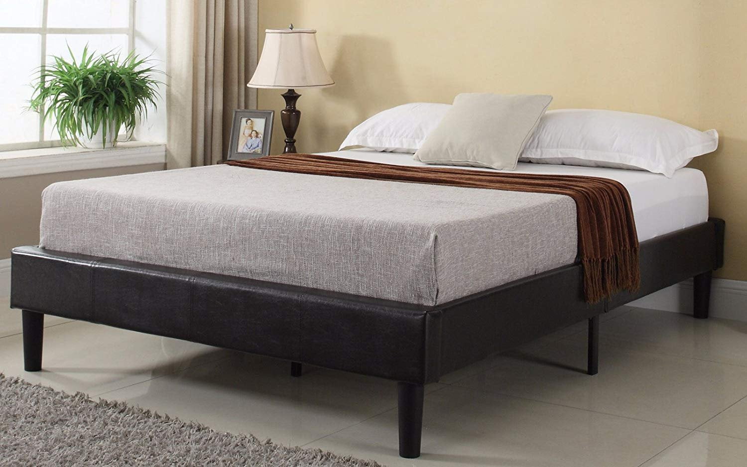 Bonded Leather Fabric Platform Bed Frame with Wooden Slats ...